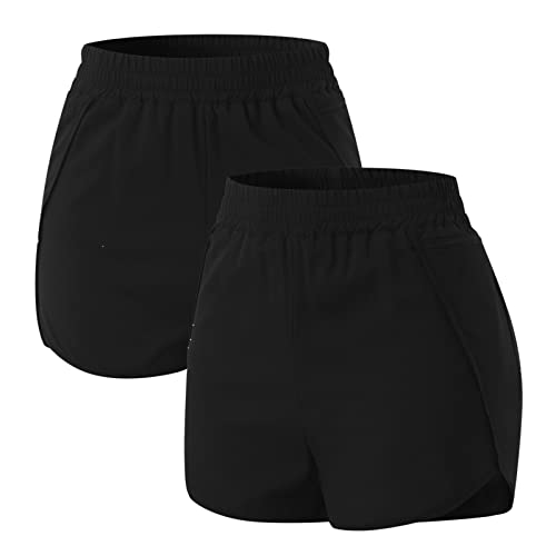 Seoilty Damen-Shorts, Sommer, 2 Stück, Laufhose, Workout, elastisch, Hose, Athletic Pocket Pants, Leggings, Leder, Schwarz, XL