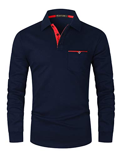 GHYUGR Herren Poloshirt Langarm Kontrast Tasche Polohemd T-Shirt Basic Polo S-2XL (L, Blau 1)