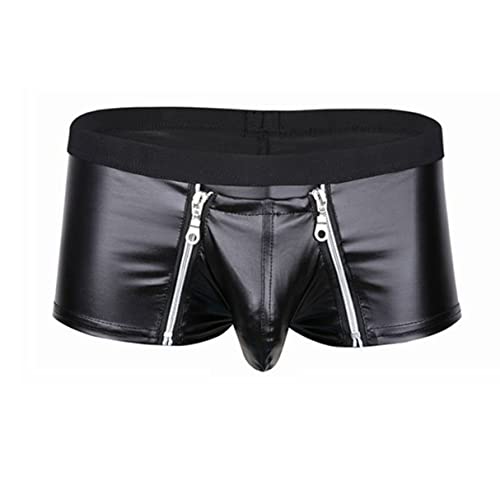YiZYiF Herren Boxer Boxershort Unterhose Lack-Optik Ledershort Pants Hose Trunk mit Zipper Bulge Beutel Gr. M L XL XXL Schwarz X-Large