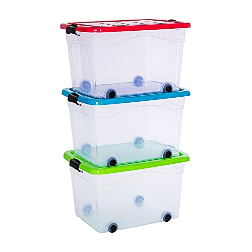 PREMIUM 3er XXL Set Aufbewahrungsbox Spielzeug Organizer mit Deckel und Rollen 60 Liter stapelbar in 3 Verschiedenen Farben. Ideal für Büro, Kinderzimmer, Küche & Werkstatt (3 x 60 Liter)