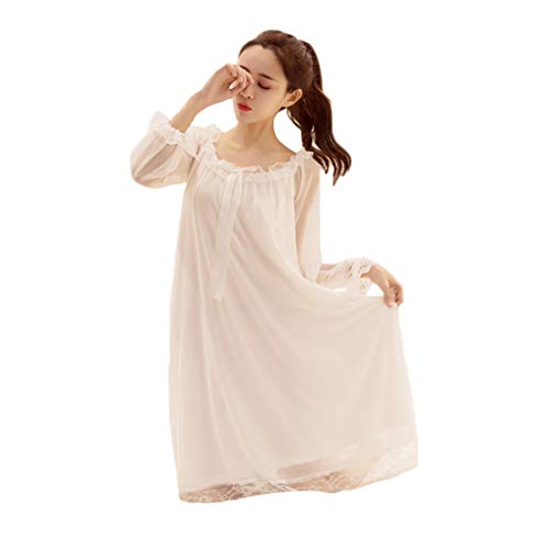 Süßer Mädchen-Schlafanzug aus Baumwolle mit langen Ärmeln, Nachtwäsche, Prinzessinnen-Nachthemd für Frauen Gr. 42, weiß