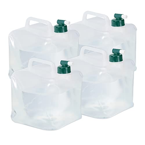 Relaxdays Faltkanister 4er Set, 5 Liter, Faltbare Wasserkanister mit Hahn, BPA-frei, lebensmittelecht, transparent/grün