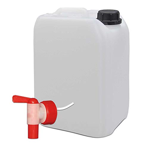plasteo 1er Set: 5 Liter Leerkanister Neu mit Sicherheitsverschluss (DIN 45) + 1 Ausgießhahn | Lebensmittelecht | BPA Frei | Tragbar Stapelbar und Stabil | Indoor und Outdoor | Made in DE