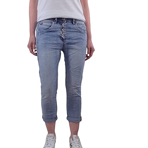 Jewelly Stretch 7/8 Jeans| im Baggy Boyfriend Schnitt| Damen Hose mit dekorativer Knopfleiste (XL, Turn Up Denim)