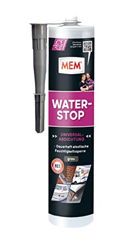 MEM Water Stop, Universalabdichtung und Feuchtigkeitssperre, Optimal geeignet für die Innen- und Außenanwendung, Lösemittel-, silikon- und bitumenfrei, Dichtet sofort, Grau, 290 ml Kartusche