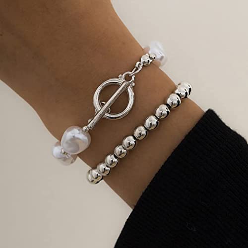 Branets Armband-Set mit Perle, Silber, Kreis Armband, mit Boho Perlen Armreifen Modeschmuck für Damen und Mädchen (2 Stück)