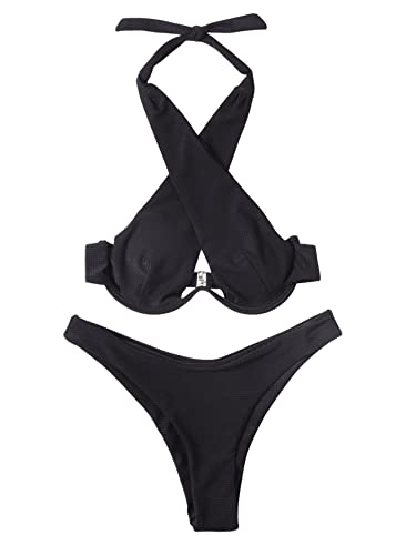 SheIn Damen Criss Cross Bikini Sets Neckholder Push Up Bikini Bademode mit Kreuzgurt und Bügel Schwarz M