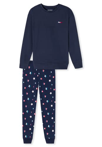 Schiesser Mädchen Teens Schlafanzug lang – Leoprint, Herzen, Sterne und Funprints – Organic Cotton Pyjamaset, Mehrfarbig 7, 164