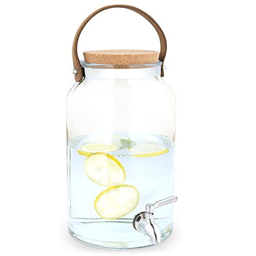 Navaris Getränkespender 5,6 Liter aus Glas - mit Zapfhahn aus Edelstahl und Kork Deckel - Wasserspender Glasbehälter für kalte Getränke
