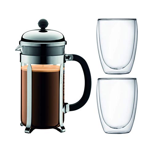 Bodum CHAMBORD Set Kaffeebereiter, 8 Tassen, 1.0 l und 2 doppelwandigen Gläser, 0.35 l, Polycarbonat, Edelstahl