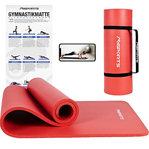 MSPORTS Gymnastikmatte Premium inkl. Tragegurt + Übungsposter + Workout App I Hautfreundliche Fitnessmatte 190 x 60 x 1,5 cm - Rubinrot - Phthalatfreie Yogamatte