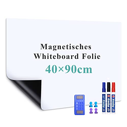 Warasee Magnetisches Whiteboard Folie, 40*90cm Magnetfolie Selbstklebend Weiß, Abwischbare Magnet-Tafel, a3/a4 Leicht Zugeschnitten, für Startseite Schule, mit Markers & Whiteboard Schwamm & Magnetes