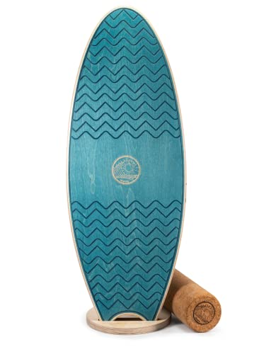 WaveSun Balance Board Surf aus Holz inkl. Korkrolle - rutschfestes Trickboard für Erwachsene und Kinder - Gleichgewichtstrainer für Zuhause und Draußen - Skateboard & Surfboard Training, Blau