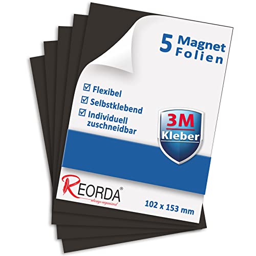 Reorda® Magnetfolie selbstklebend 5er Set mit starkem 3M-Kleber I Magnetische Folie zuschneidbar für Kühlschrank, Tafeln & Poster I Magnetfolie selbstklebend für's Basteln