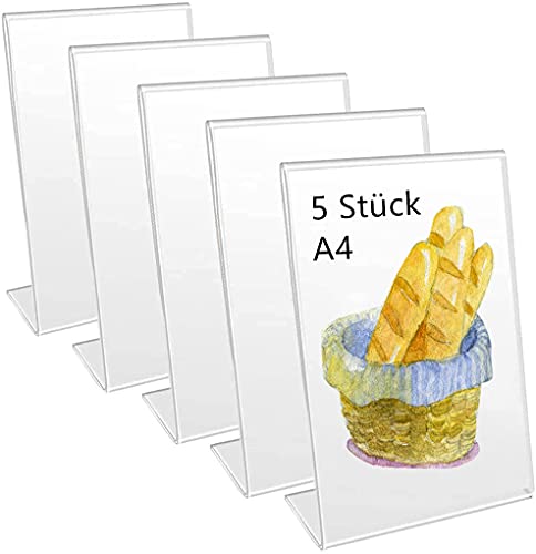 5 Stück A4 Aufsteller Plexiglas/L-Ständer, Tischaufsteller Schräg, Acryl-Glas Werbeaufsteller/Menükartenhalter für Speisekarten, Tischkarten, Fotorahmen & Werbung