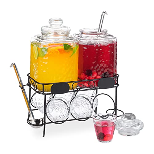 Relaxdays Bowleset mit Trinkgläsern, 2 Bowlegefäße, 6 Gläser, Gestell, Schöpfkelle, Glas, Metall, transparent/schwarz