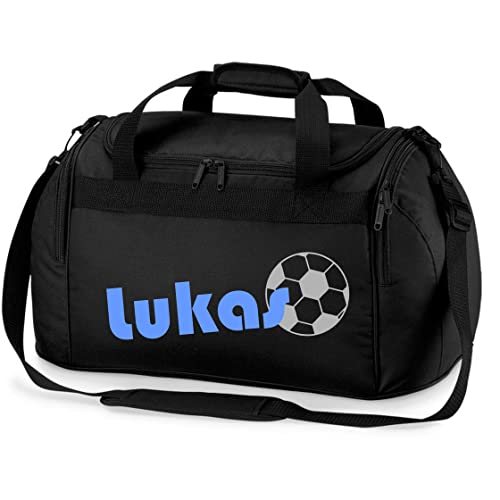 Sporttasche mit Namen | inkl. NAMENSDRUCK | Motiv Fußball | Personalisieren & Bedrucken | Reisetasche Jungen Ball Sport-Verein | blau schwarz (schwarz)