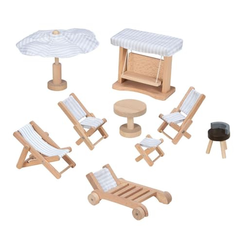 goki 51475 - Puppengartenmöbel aus Buchenholz - unterschiedliche Sitzmöglichkeiten- Modernes Streifendesign - funktionstüchtige Schaukel