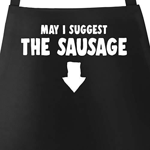 MoonWorks® Grill-Schürze für Männer mit Spruch May I Suggest The Sausage lustig Baumwoll-Schürze Küchenschürze schwarz Unisize