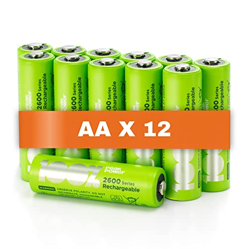 100% PeakPower Akku AA | 12 Stück aufladbare Batterien AA NiMH 1,2 Volt (1,2V) hohe Kapazität, geringe Selbstentladung, vorgeladen (AA Akkus wiederaufladbar x12)