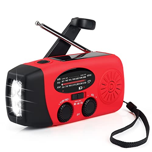 Solar Radio, MOMSIV Tragbar Kurbelradio Dynamo Radio Handkurbelradio mit AM/FM, Notfall Radio mit Kurbel mit 2000mAh Wiederaufladbare Batterie, SOS Alarm, LED Taschenlampe für Outdoor Camping (Rot)