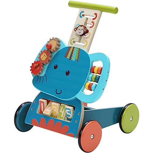 labebe Baby Lauflernwagen Holz Blau Elefant Lauflernhilfe 3 in 1 Push Pull Spielzeug Activity Babywalker Kinderwagen für Kinder ab 1 Jahre