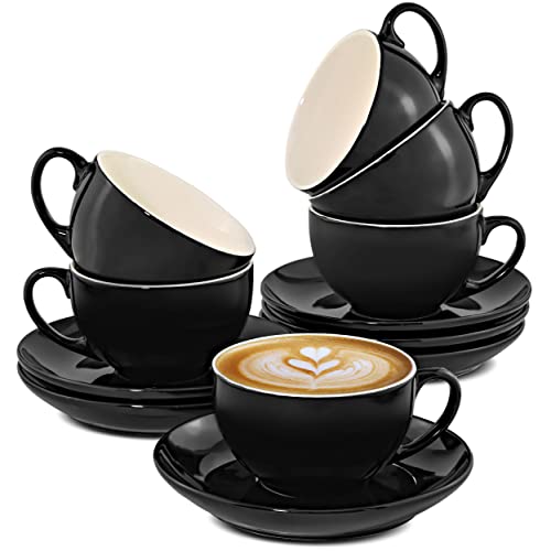 6er Cappuccino Tassen Set mit Untertassen - Keramik Schwarz - Spülmaschinenfest - Hält Lange warm - 180ml