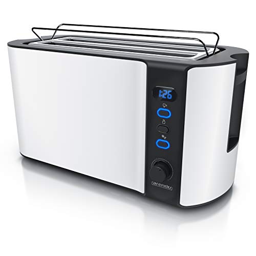 Arendo - Edelstahl Toaster Langschlitz 4 Scheiben - Defrost Funktion - wärmeisolierendes Gehäuse - mit integrierten Brötchenaufsatz - 1500W - Krümelschublade - Display mit Restzeitanzeige - weiß matt