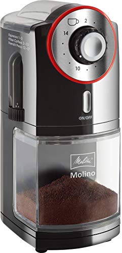 Melitta Molino Kaffeemühle, 1019-01, Elektrische Kaffeemühle, flache Mahlscheibe, Schwarz/Rot, CD - Molino - rote Matte