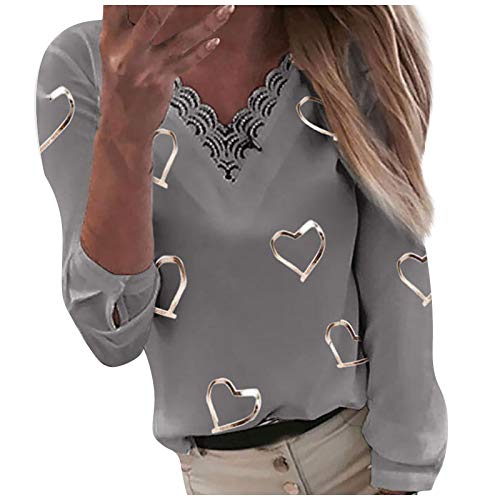 Masrin Damen Tops Mode Liebe Herz Bedrucktes T-Shirt V-Ausschnitt Spitze Patchwork Pullover Langarm Lose Bluse(XL,Grau)