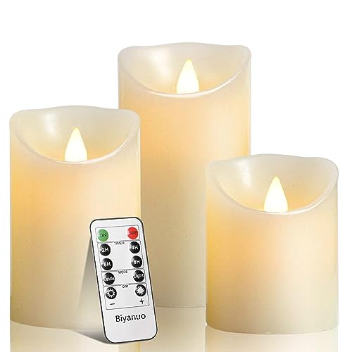 Biyanuo LED-Kerzen, flammenloses kerzenlichter，10,2 cm, 12,7 cm, 15,2 cm, Echtwachskerze, Stumpenkerze, Fernbedienung mit 10 Tasten, mit 24-Stunden-Zeitschaltuhr
