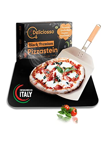 Deliciosso® Pizzastein für Backofen & Gasgrill [mit Surfaceprotect-Glasierung] inkl. Edelstahl Pizzaschaufel Steinplatte Backstein Schwarz Rechteckig und beschichtet für Brot, Pizza