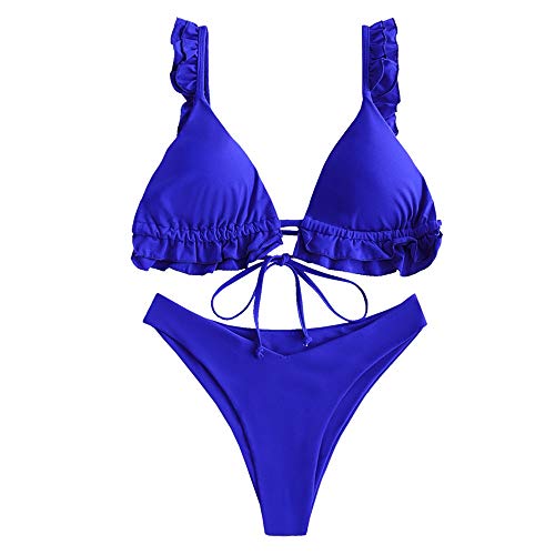 ZAFUL Damen Gepolsterte Bikini Set, Dreieck Cup Rüschen Krawatte High Cut Bikini Badeanzug (Blau, S)