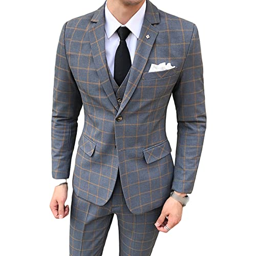3 Teiliges Kariertes Anzug Set für Herren Slim Fit Plaid One Button Stilvolle Smoking Sets Einreihige Hochzeit Jacke Weste Hose (4XL,Grau)