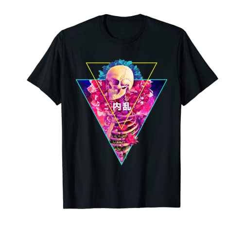 Vaporwave Skelett mit Blumen innerer Turmoil Japanischer Kanji T-Shirt