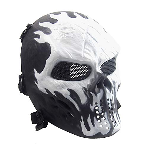Sensong Airsoft Maske mit Metallgitter Augenschutz Halloween Skull Schutzmaske Taktische Full Face fur Paintball Softair CS Partyspiel Schwarz/Weiß