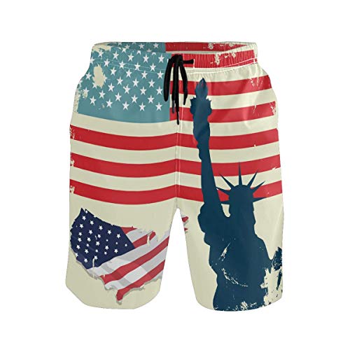 CODOYO Herren Badehose USA Amerikanische Flagge Freiheitsstatue Beach Shorts mit Kordelzug Sport Laufshorts, Badeanzüge für Laufferien