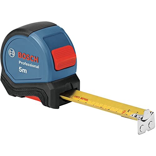 Bosch Professional Maßband 5 m (Einhandbedienung, Gürtelklemme, Magnethaken, 2 Stopp-Tasten, 27 mm Nylon-Stahlband) - Amazon Exclusive