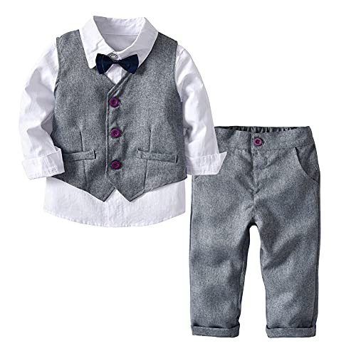 Tancurry Jungen Gentleman Smoking Anzug Fliege 4tlg Babykleidung Schicker Taufanzug, 100, Grau