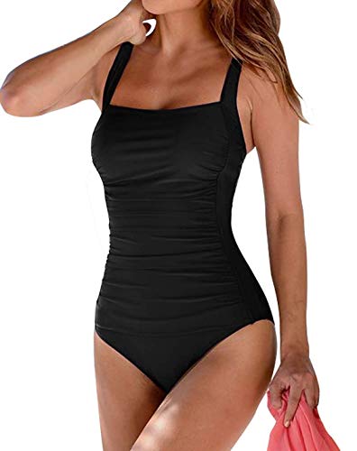 Leslady Damen Einfarbig Badeanzug Bandeau Monokini Figurformende Verstellbarer Schultergurt Badeanzüge Falten Bademode Schwimmanzug, Schwarz, EU 44-46 (XL)