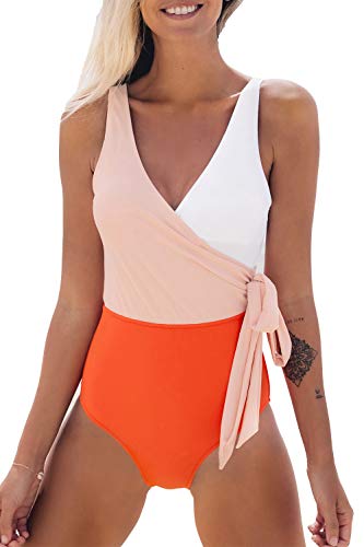 CUPSHE Damen Badeanzug mit Wickeloptik Farbblock Geknotete Einteilige Bademode Swimsuit Orange/Weiß S