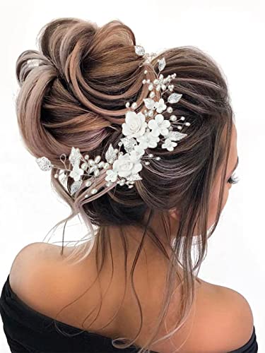 Mayelia Blumenbraut Hochzeit Haarrebe Silber Perle Stirnband Braut Haarteil für Damen und Mädchen