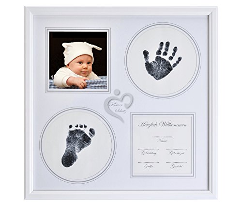 Baby Handabdruck und Fußabdruck Bilderrahmen Set in weiß, Abdruckset Made in Germany, besonderes Geschenk zur Geburt für Neugeborene, auch für Babyabdrücke von Zwillingen geeignet