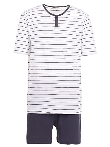 Henry Terre Herren Shorty Pyjama Set Kurzarm Gestreift Knopf Loungewear 2-TLG, Farbe:weiß, Größe:5XL