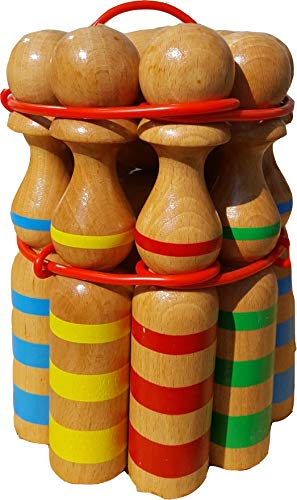GICO Kegelspiel Kegel Set Bowling aus Holz groß für Kinder und Erwachsene - Massivholz 24 cm, gestreift - 3025