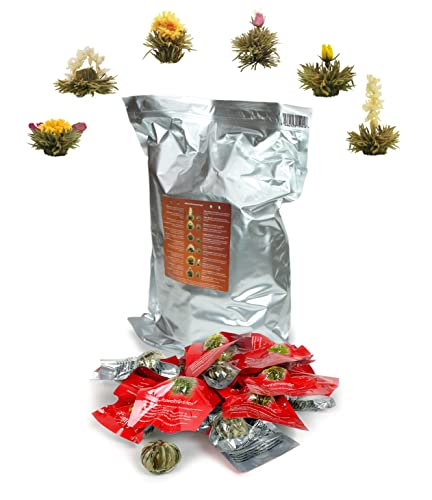 Creano Teeblumen 36 Teekugeln weißer Tee Großpackung, Erblühtee im Bulkpack, Teerosen, Blooming Tea, Flowering Tea