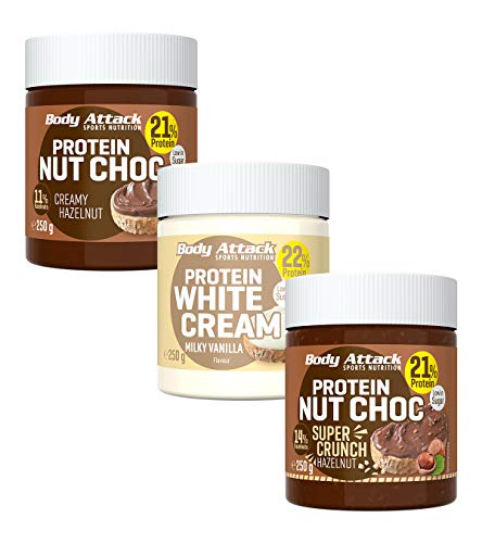 Body Attack Protein Nut Choc, Nuss-Nougat-Creme mit 21% Protein, Schokocreme ohne Zuckerzusatz, Palmölfrei und mit echten Haselnüssen (Creamy Hazelnut, Super Crunch & Milky Vanilla, 3 x 250g)