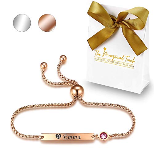 TMT Personalisiertes Geburtsstein Armband mit Gravur | Silber Rose-gold | mit namen für Frauen und Mädchen Identitätsarmband Namensarmband BFF Bridesmaid Geburtstag Geschenk