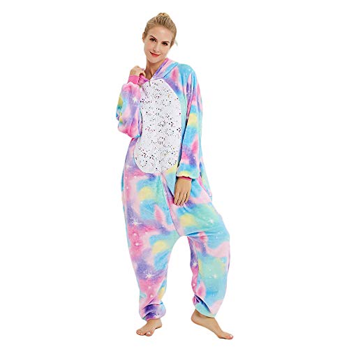 Rainbow Unicorn Schlafanzug Unisex Erwachsene Einhorn Pyjama Tier Flanell Cosplay Jumpsuits Kostüme Party Overalls Halloween Karneval Neuheit Schlafanzüge (Reißverschluss-Stern, M)