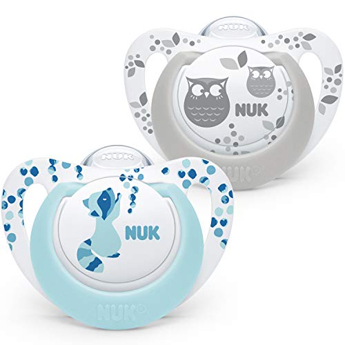NUK Genius Color Schnuller | 0-6 Monate | BPA-freie Schnuller aus Silikon | Waschbär und Eule | 2 Stück